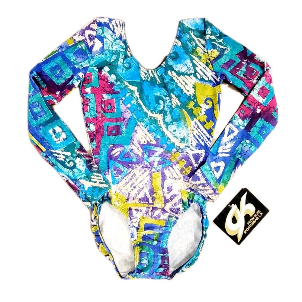 GK Elite VTG 80s 90s Hip Hop Geometric LS Cotton Leotard Bodysuit Sz AS Adult S